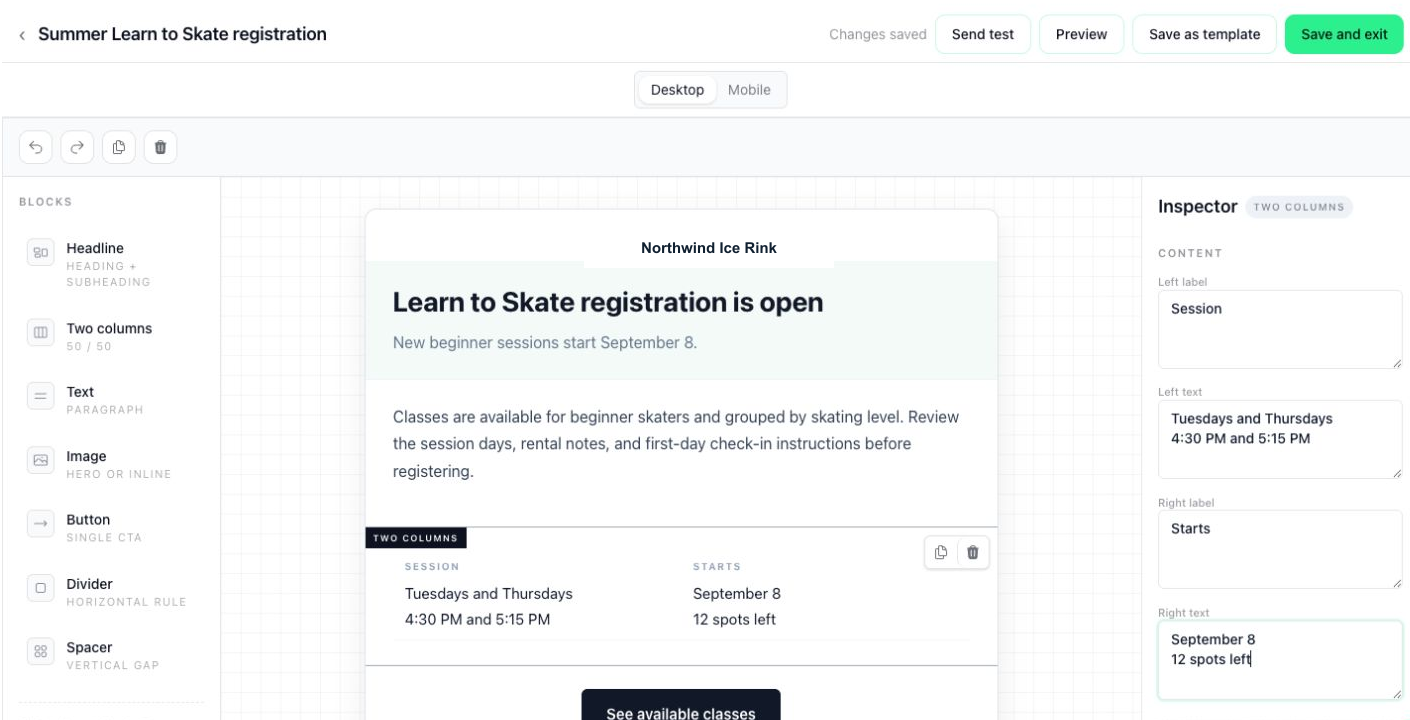 Centraly email campaign builder showing a Learn to Skate message, reusable content blocks, desktop and mobile preview controls, and the block inspector.