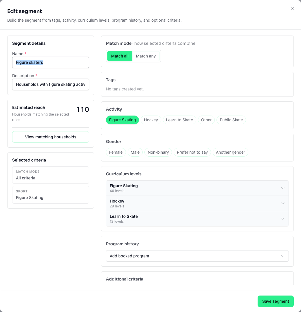 Centraly segment editor showing match mode, live estimated reach, activity, curriculum levels, program history, and selected criteria.