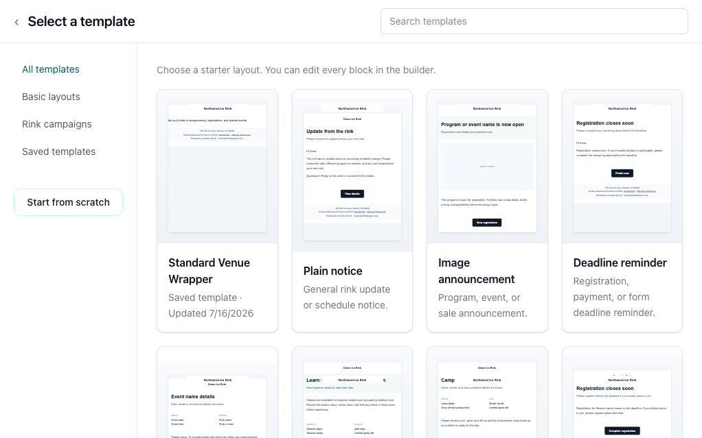 Centraly campaign template library showing saved layouts and rink-specific starting points for notices, registrations, programs, and events.