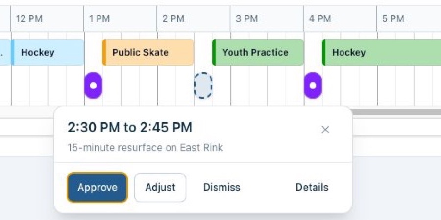 Centraly resurfacing planner showing scheduled resurfacing before Public Skate and after Youth Practice, plus one 15-minute opening with approve, adjust, dismiss, and details actions.